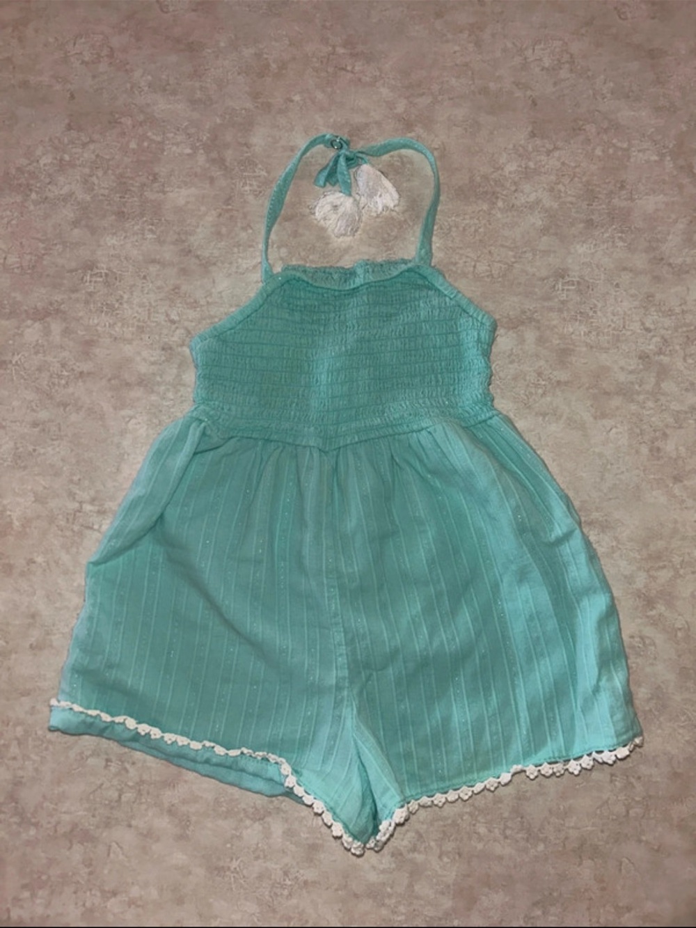 Tommy Bahama Kids Teal Romper with Smocked Bodice